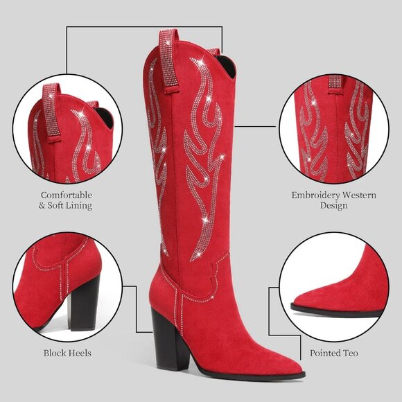 Celbreez Red Suede Knee High Western Fusion Boots Women Embroidered Rhinestone - Picture 2 of 6